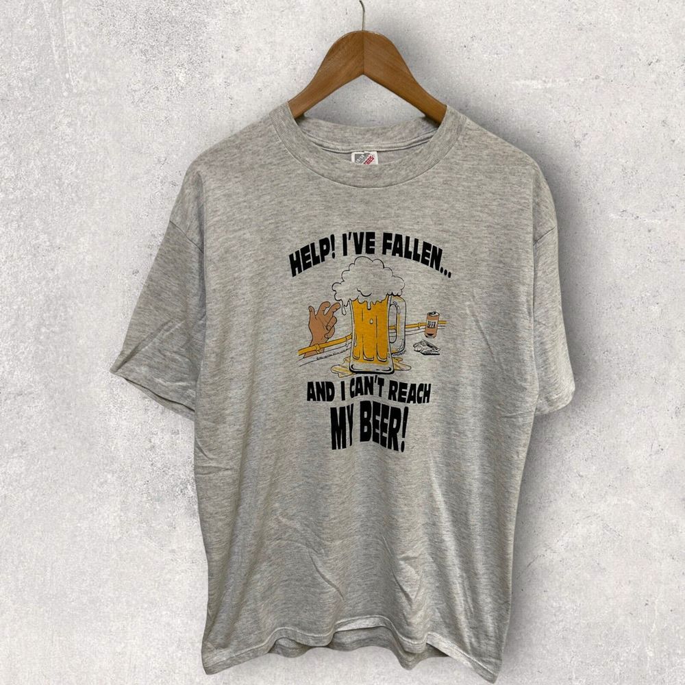 Funny 1991 Fallen Can't Reach Beer Single Stitch Graphic T Shirt Gray Fits Large